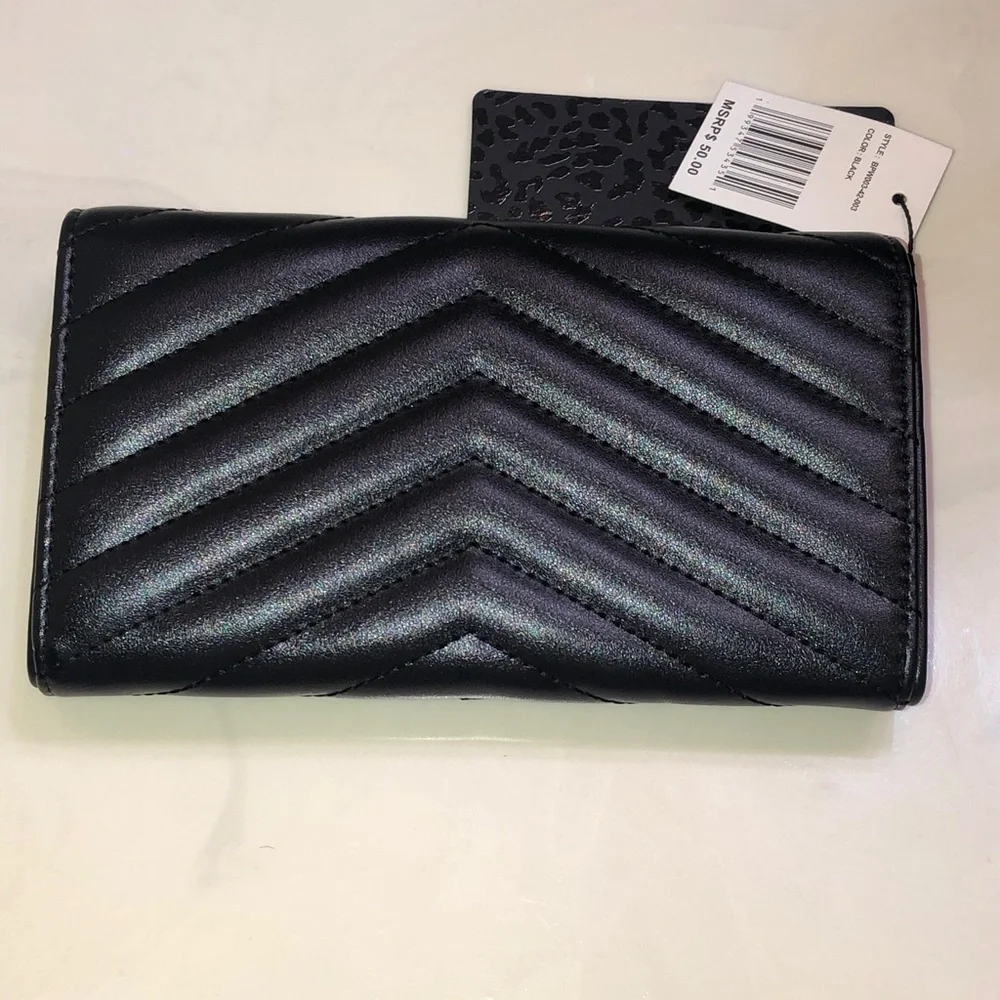Baby Phat Black Faux Leather Quilted Chevron Flap Clutch Wallet Cat Logo NWT